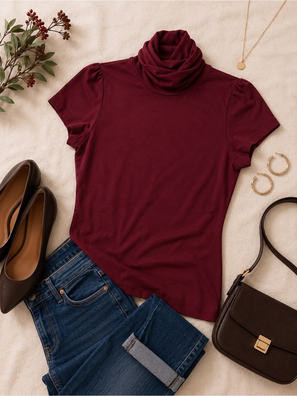 Burgundy Turtleneck Top Women’s Small Fitted Cap Sleeve Layering Tee